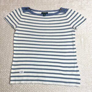 Lauren Jeans Co Blue cream striped Knit Top Zip accent Sleeve Shirt women SZ S